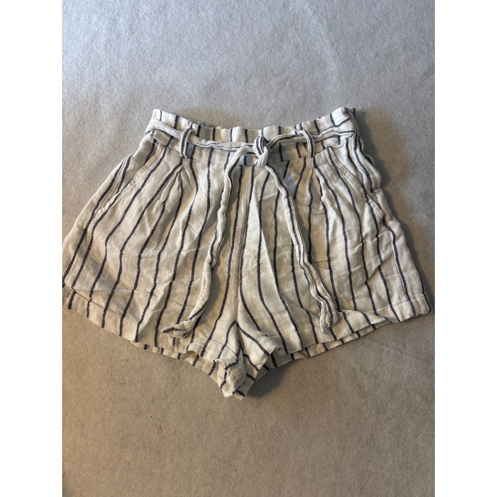 Mandee Striped Paperbag Shorts White Navy Blue Linen Blend Elastic Waist Small